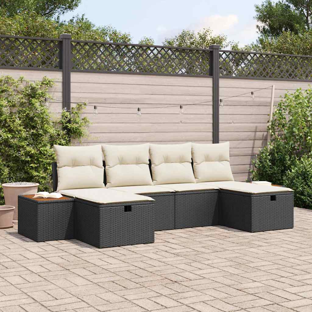 Garten-Sofa-Set mit Kissen 6 pcs Schwarz Poly Rattan